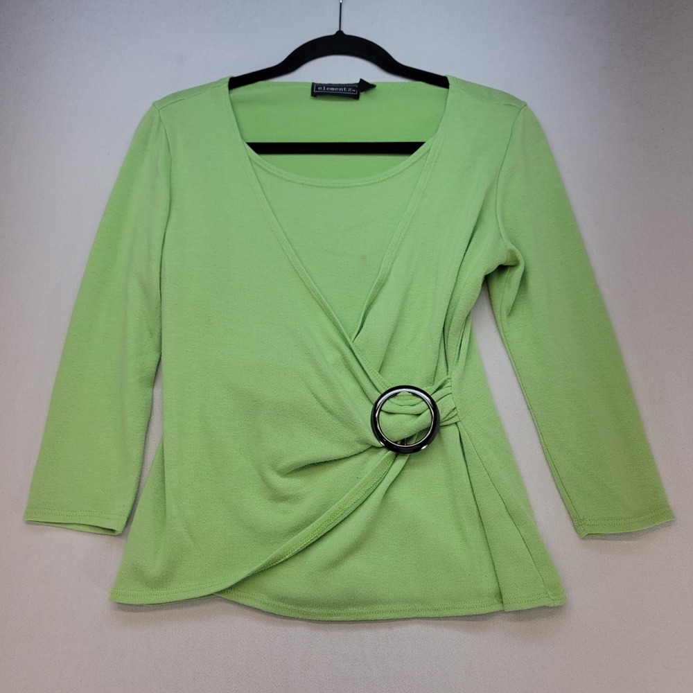 Elementz Wrap Top Women Small Green O-Ring Buckle 3/4 Sleeve Blouse Made in USA